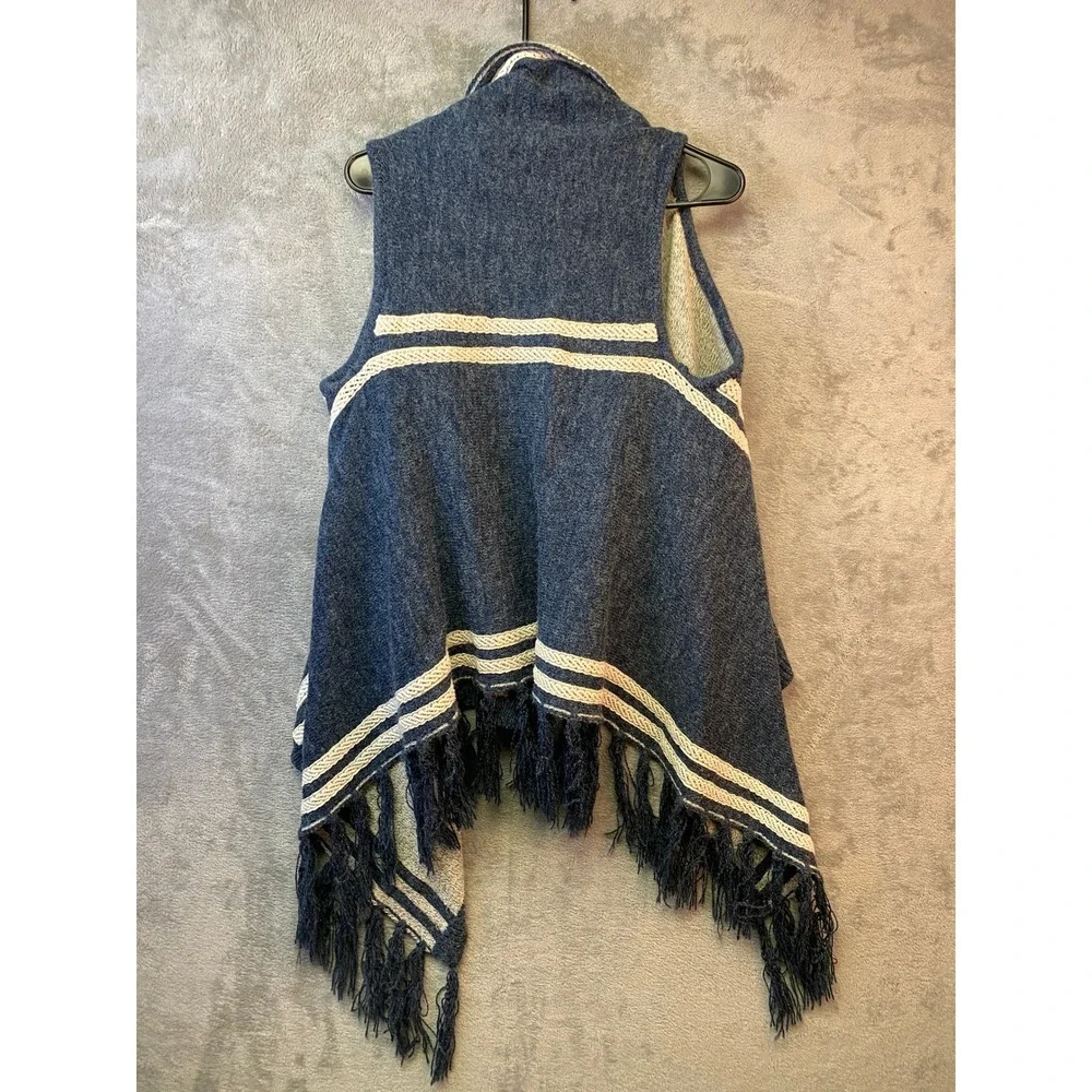 Ethereal by V Blue Cream Striped Fringe Open Front Knit Sweater Vest Small